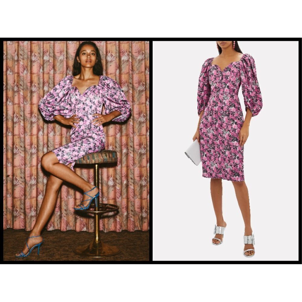 💕ROTATE💕 Irina Blouson Puff Sleeve Printed Dress ~ Pink Floral Print 10 NWT